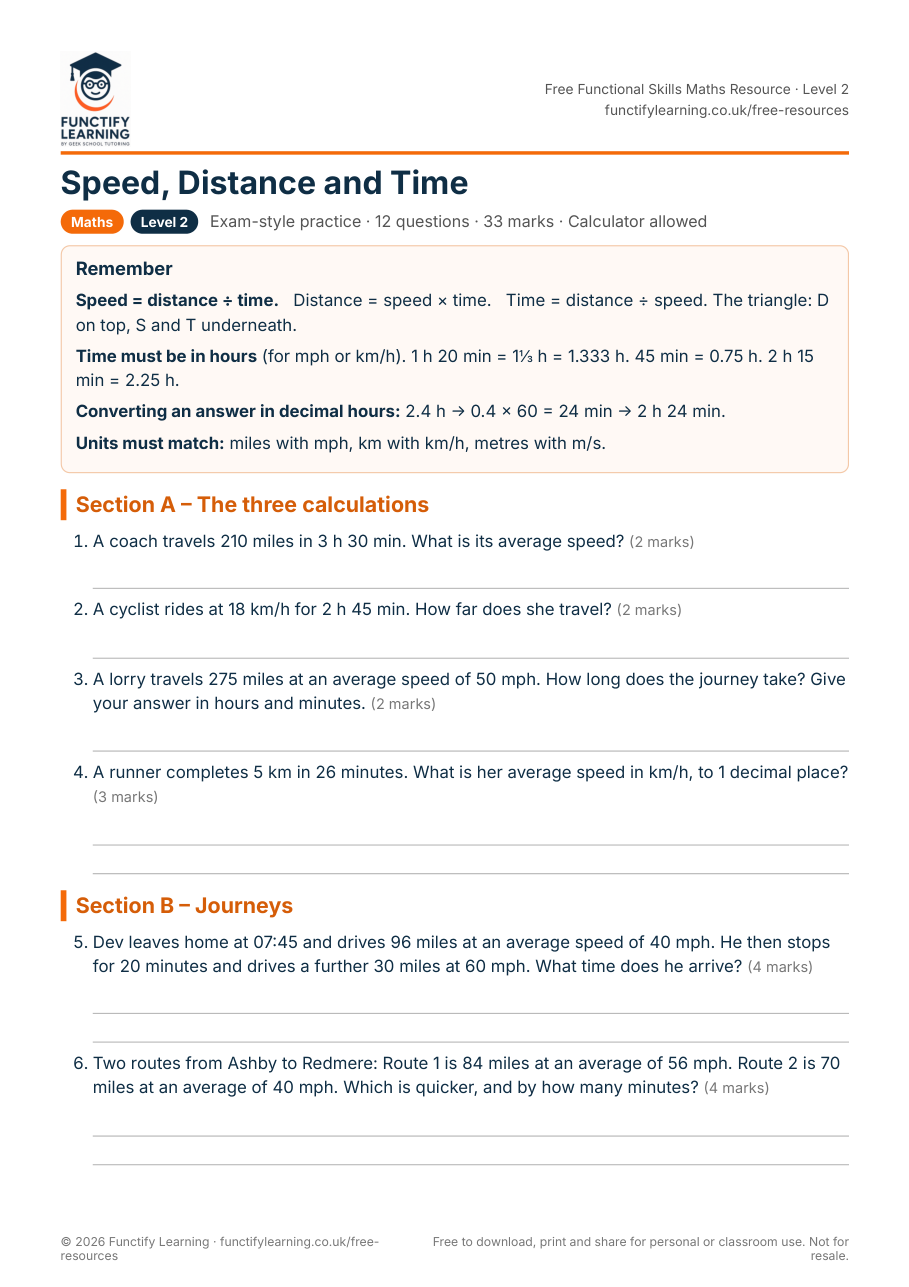 Speed, Distance and Time Worksheet – Functional Skills Maths Level 2 – free PDF worksheet preview