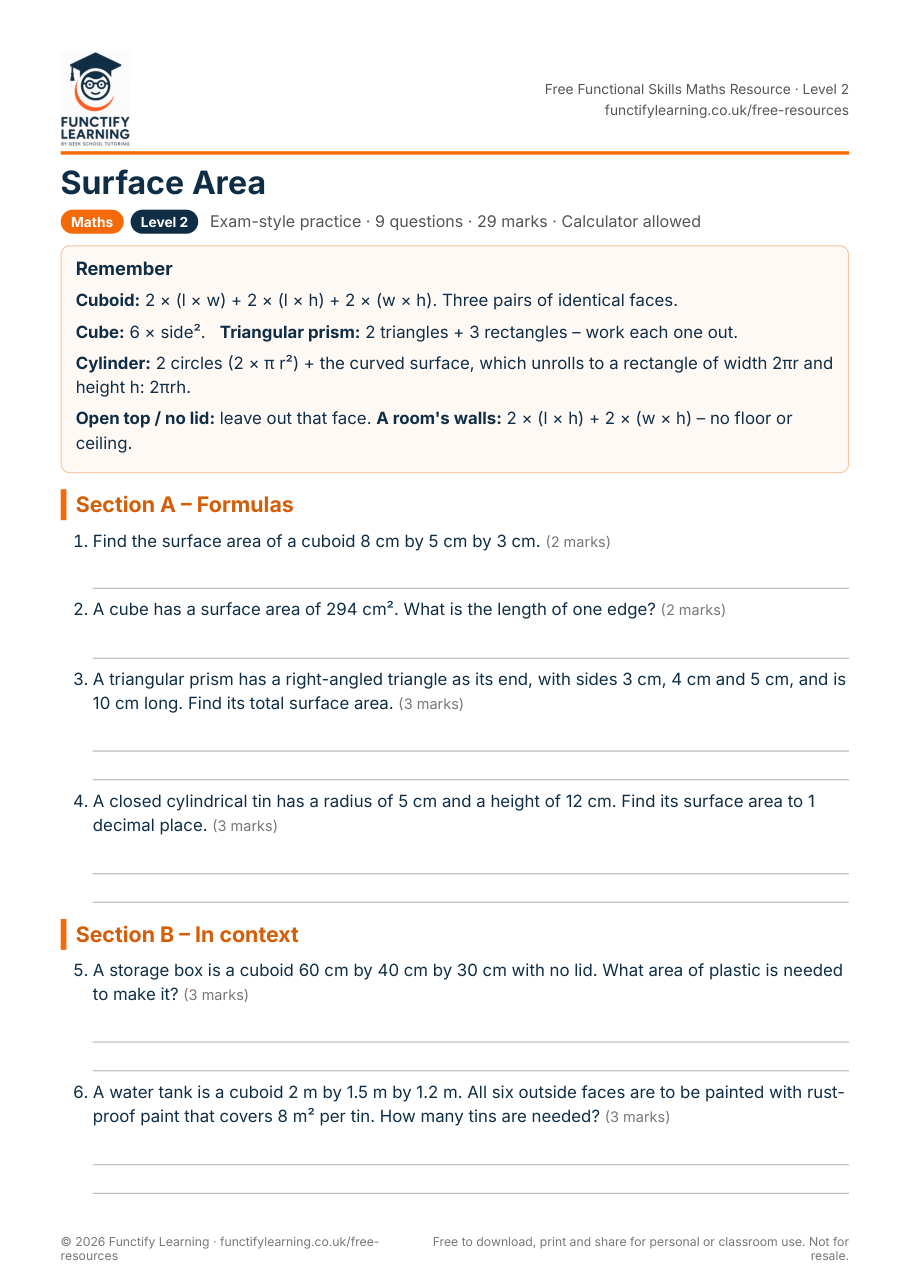 Surface Area Worksheet – Functional Skills Maths Level 2 – free PDF worksheet preview