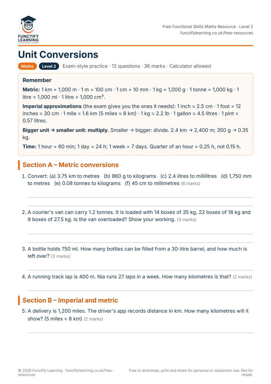 Unit Conversions Worksheet – Functional Skills Maths Level 2 – free PDF worksheet preview