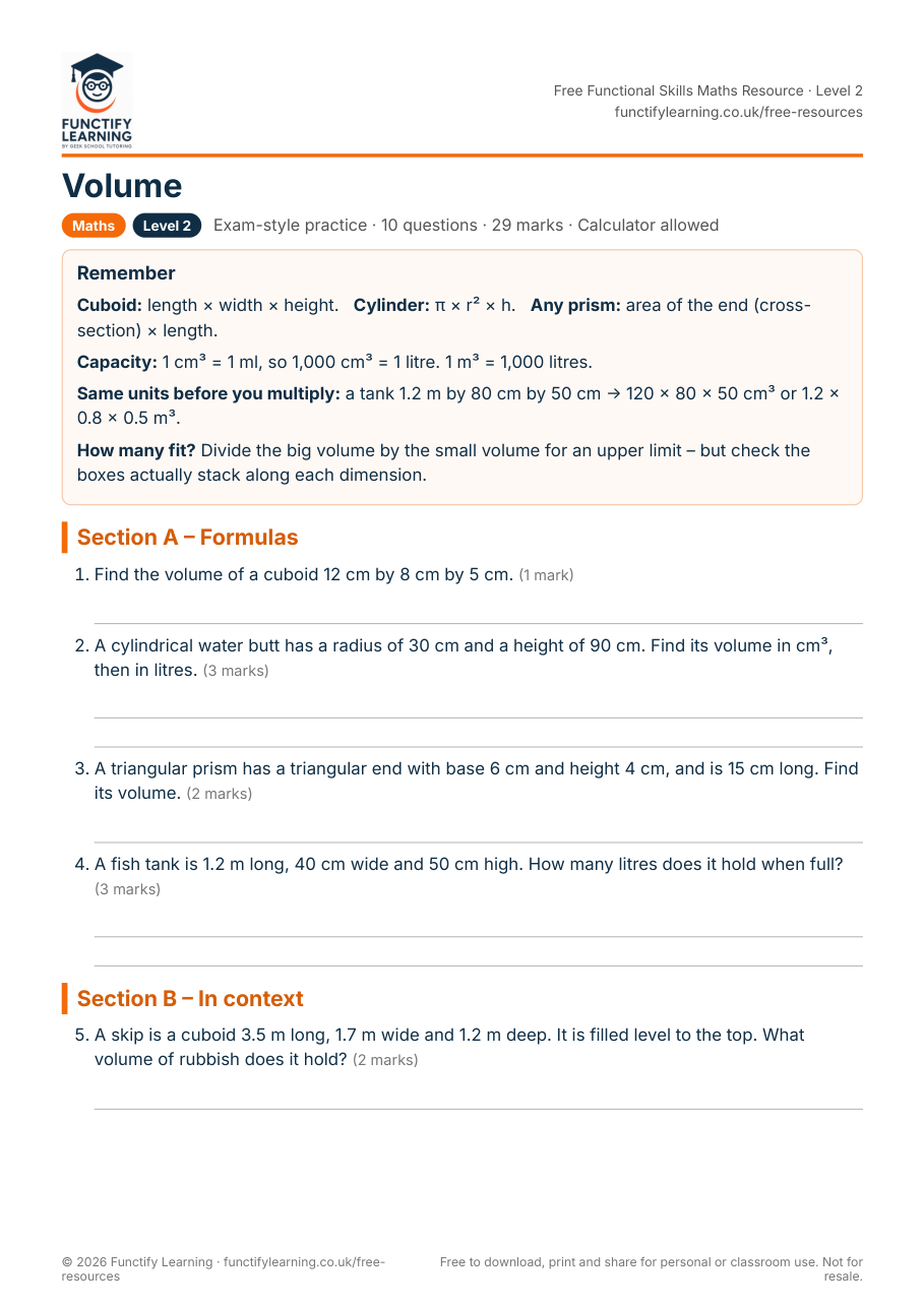 Volume Worksheet – Functional Skills Maths Level 2 – free PDF worksheet preview